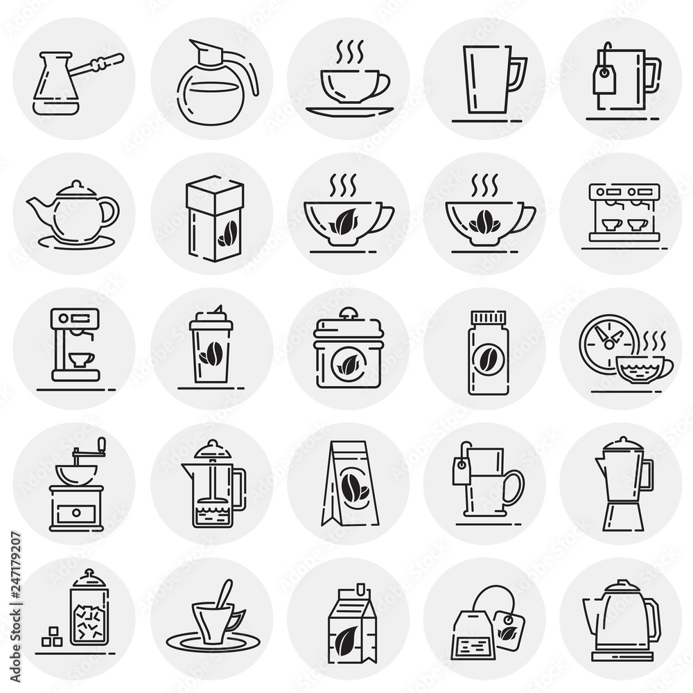 Tea and coffee outline icons set on circles background for graphic and web design, Modern simple vector sign. Internet concept. Trendy symbol for website design web button or mobile app Tea and coffee outline icons set on circles background for graphic and web design, Modern simple vector sign. Internet concept. Trendy symbol for website design web button or mobile app