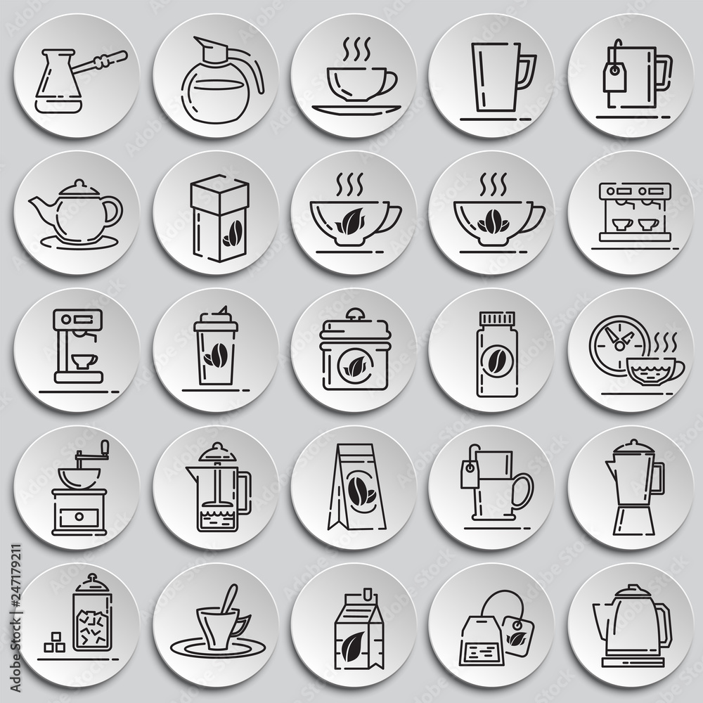 Tea and coffee outline icons set on plates background for graphic and web design, Modern simple vector sign. Internet concept. Trendy symbol for website design web button or mobile app Tea and coffee outline icons set on plates background for graphic and web design, Modern simple vector sign. Internet concept. Trendy symbol for website design web button or mobile app