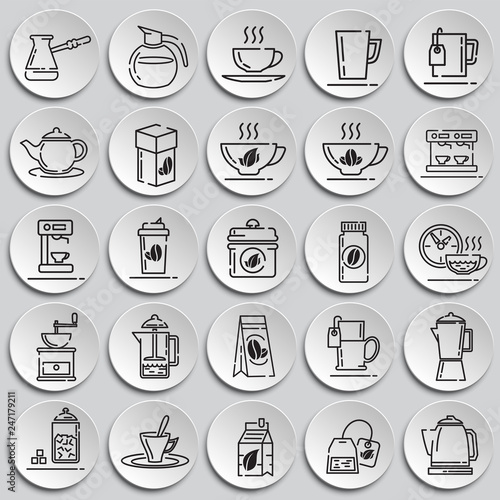 Tea and coffee outline icons set on plates background for graphic and web design, Modern simple vector sign. Internet concept. Trendy symbol for website design web button or mobile app