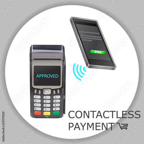Hand held wireless barcode scanner reader  on white background. Laser wifi beam. NFC POS terminal.  3d realistic contactless style.