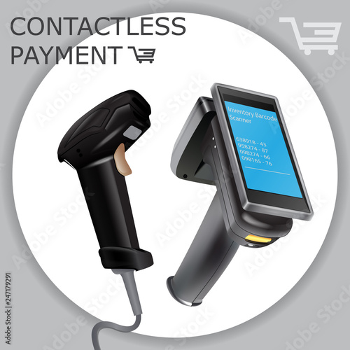 Inventory barcode scanner reader. Barcode scanner vector illustration isolated on white. Hand held wireless bar code bluetooth scanner for warehouse factory. Computer Transmission Contactless