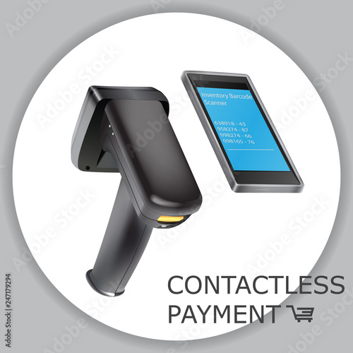 Inventory barcode scanner reader. Barcode scanner vector illustration isolated on white. Hand held wireless bar code bluetooth scanner for warehouse factory. Computer Transmission Contactless