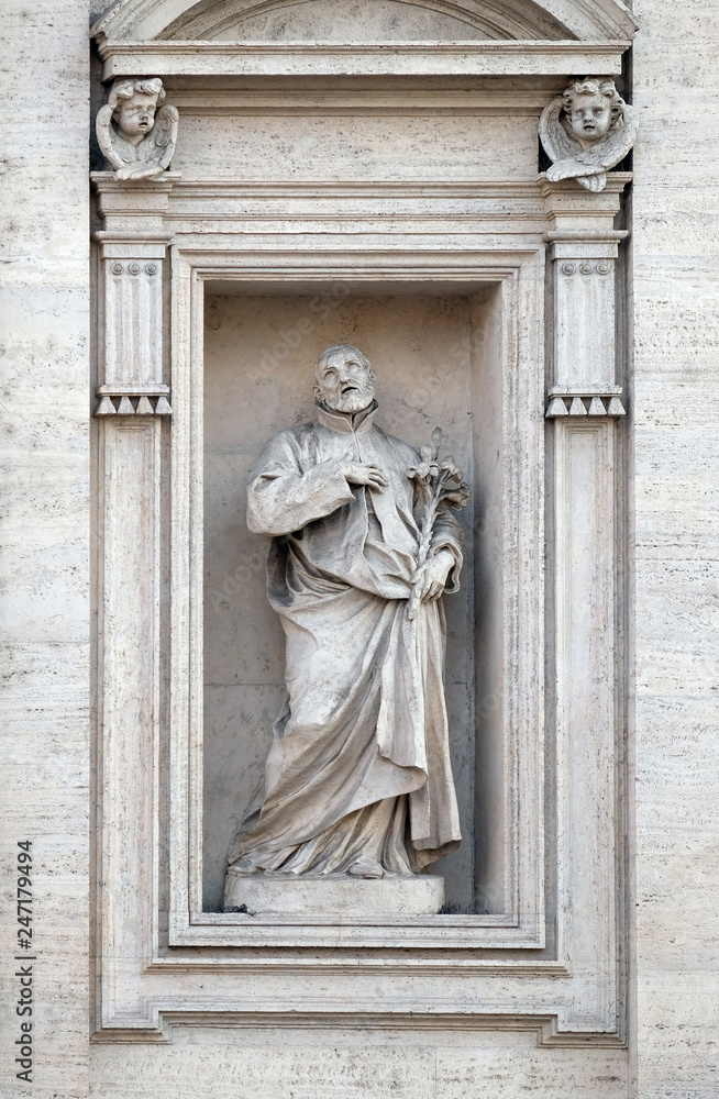 Saint Andrew Avellino statue on the portal of Sant Andrea della Valle Church in Rome, Italy 
