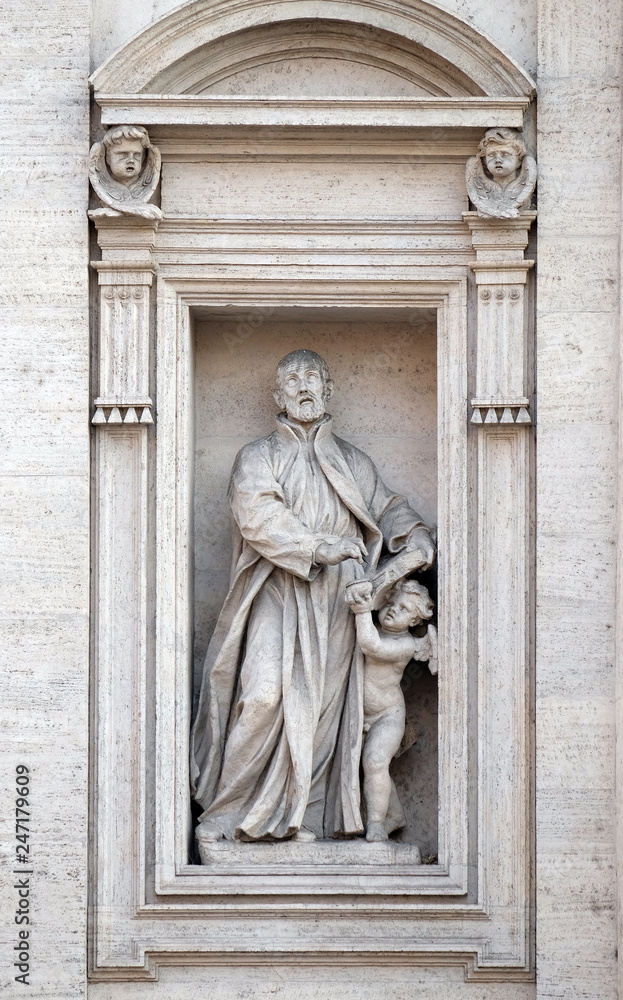 Saint Cajetan statue on the portal of Sant Andrea della Valle Church in Rome, Italy 