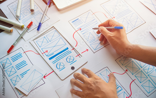 ux Graphic designer creative sketch planning application process development prototype wireframe for web mobile phone . User experience concept.