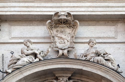 Coat of arms of Cardinal Francesco Peretti on the portal of Sant Andrea della Valle Church in Rome, Italy 