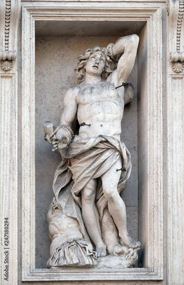 Saint Sebastian on the portal of Sant Andrea della Valle Church in Rome, Italy 