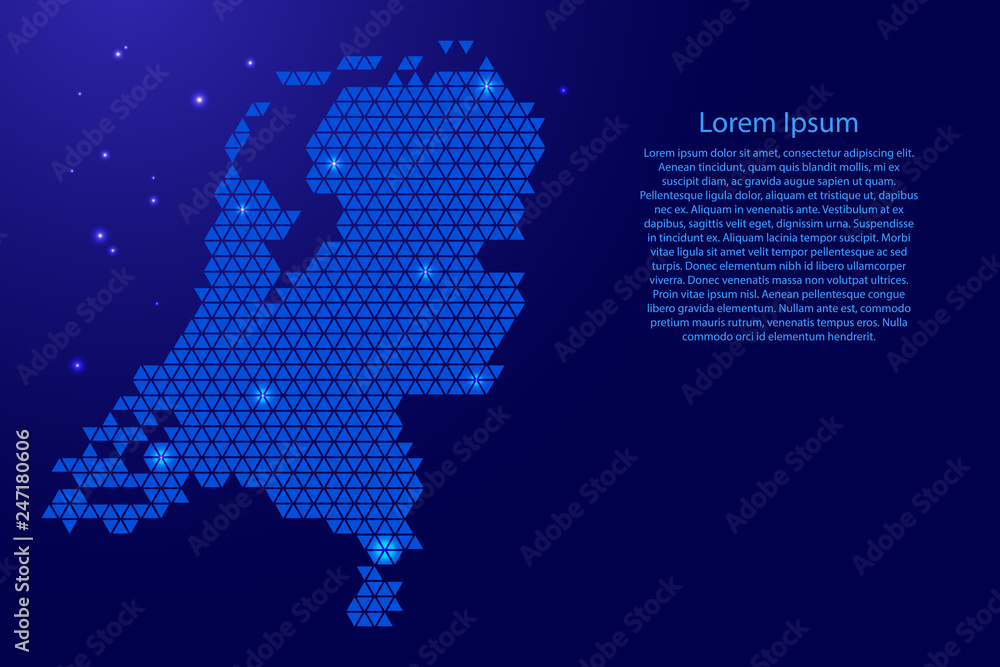 Netherlands map abstract schematic from blue triangles repeating pattern geometric background with nodes and space stars for banner, poster, greeting card. Vector illustration.