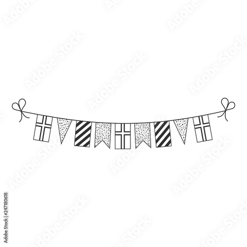 Decorations bunting flags for Norway or Iceland national day holiday in black outline flat design. Independence day or or Iceland national day holiday concept.