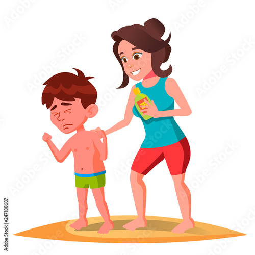Mother Smears The Cream On The Back Of Sun-Burnt Kid In Swimming Trunks Vector. Isolated Illustration