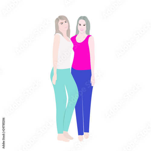Two girls stand hugging. Lovely happy best friends girls hugging. Simple flat vector illustration.