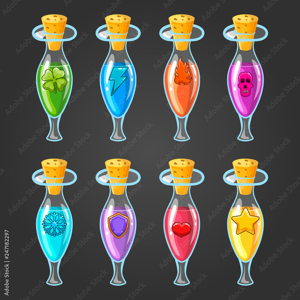 Big set of flasks with different poisons Big set of flasks with different poisons