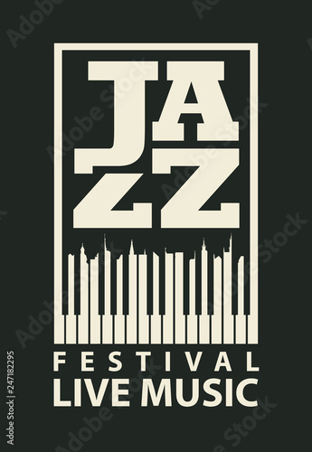 Vector banner or poster for a jazz festival of live music with piano keys in retro style on black background. White keys in the form of silhouettes of roofs of old houses