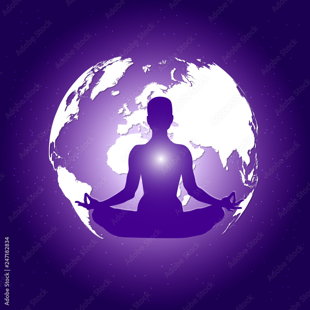 Human body in yoga lotus asana on dark blue space with planet Earth and stars background Human body in yoga lotus asana on dark blue space with planet Earth and stars background