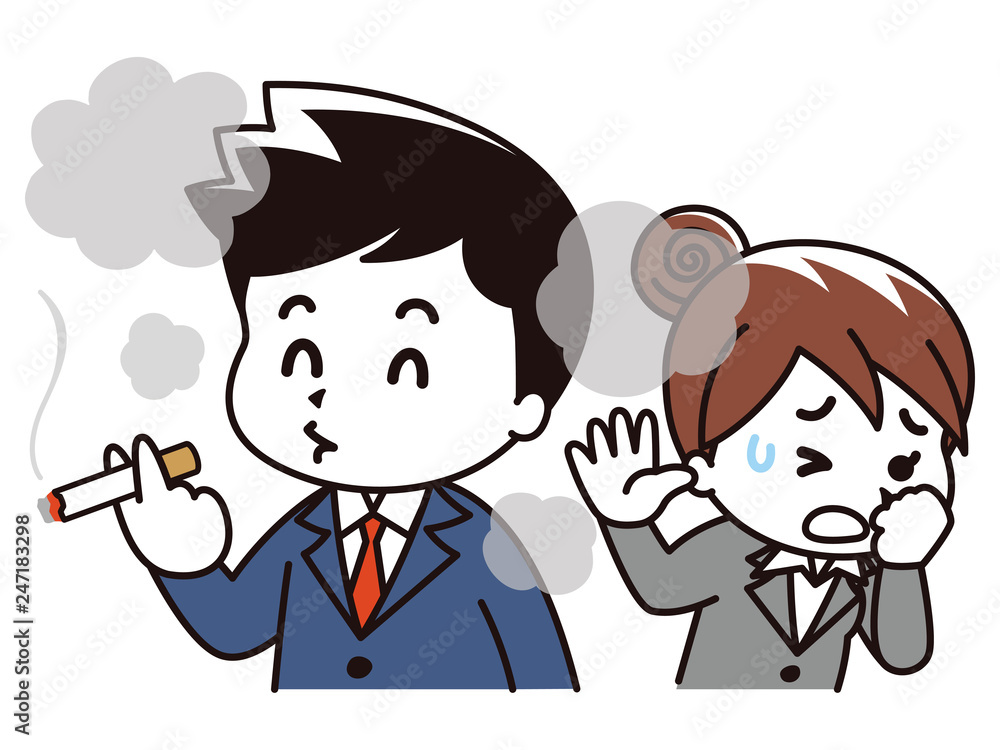タバコを吸うスーツの男性と嫌がる女性