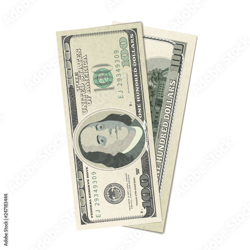 Couple of dummy one hundred USA dollars banknote, front and back detailed coupure on white