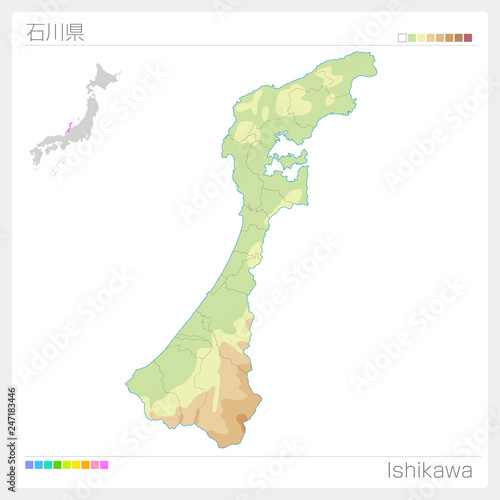 石川県の地図（等高線・色分け）