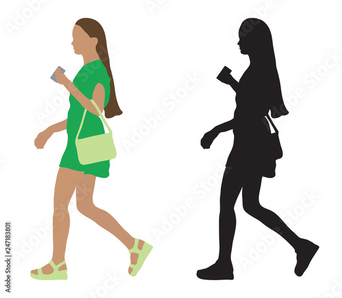 Beautiful girl on moving with phone in hand and silhouette, vector illustration, isolated on white background.
