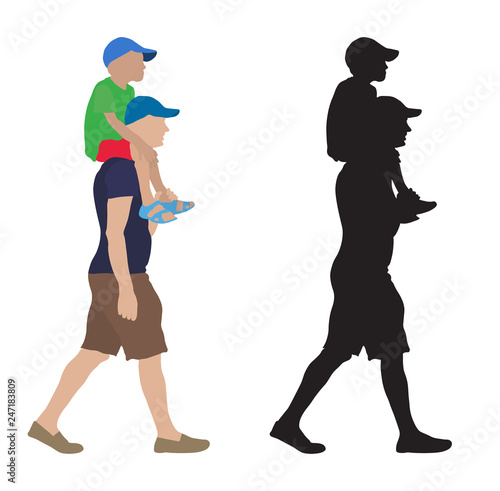 Moving man with child sitting on his shoulders and their silhouette. Vector illustration