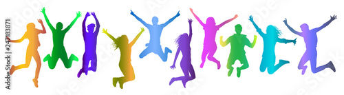 Jumping people (crowd) silhouette colorful gradient, set. Vector illustration.