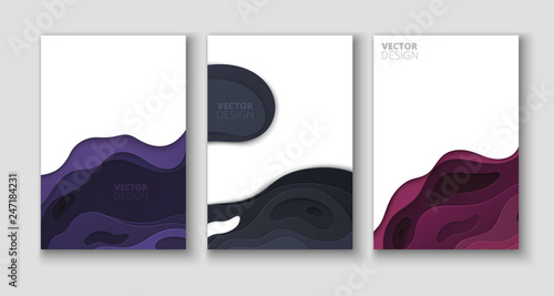 Set of white abstract cards with colorful multi-layered papercut shapes.