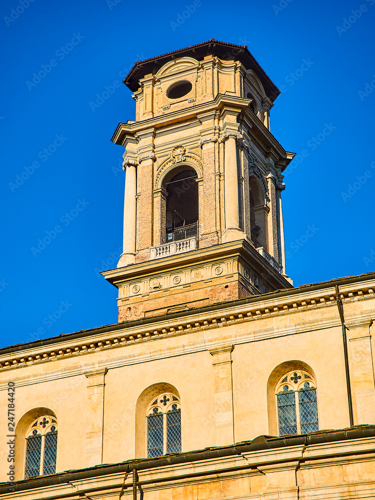 Bell Tower of The Cathedral Church of San Giovanni. View from the Piazza San Giovanni square. Turin, Piedmont, Italy.