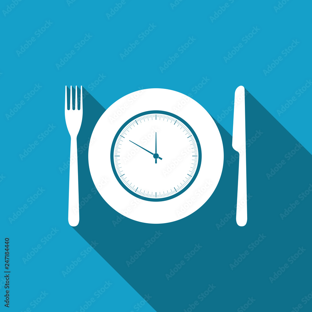 Plate with clock, fork and knife icon isolated with long shadow. Lunch time. Eating, nutrition regime, meal time and diet concept. Flat design. Vector Illustration Plate with clock, fork and knife icon isolated with long shadow. Lunch time. Eating, nutrition regime, meal time and diet concept. Flat design. Vector Illustration