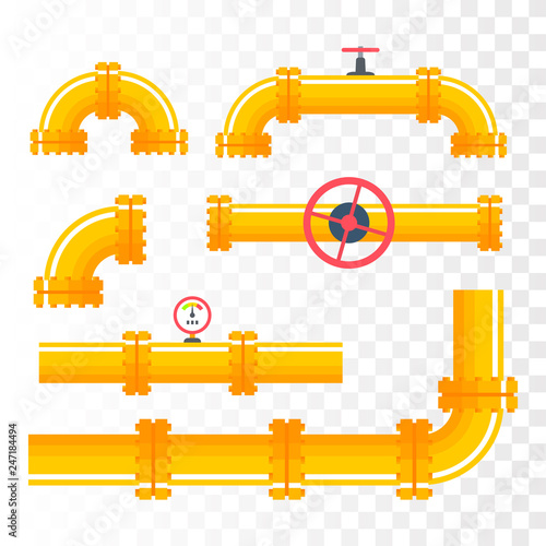 Pipelines with connectors and valves in flat style. 