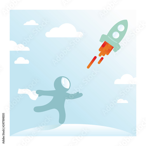 Funny vector space illustration. Cosmonaut late for a spaceship. Humorous cartoon with astronaut. Spaceman and indigestion