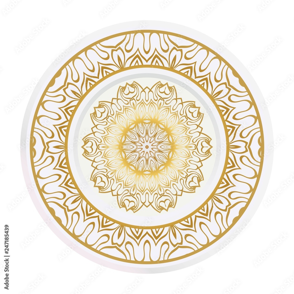 Decorative plate with mandala ornament in ethnic style. Fashion background with ornate dish. Vector illustration Decorative plate with mandala ornament in ethnic style. Fashion background with ornate dish. Vector illustration