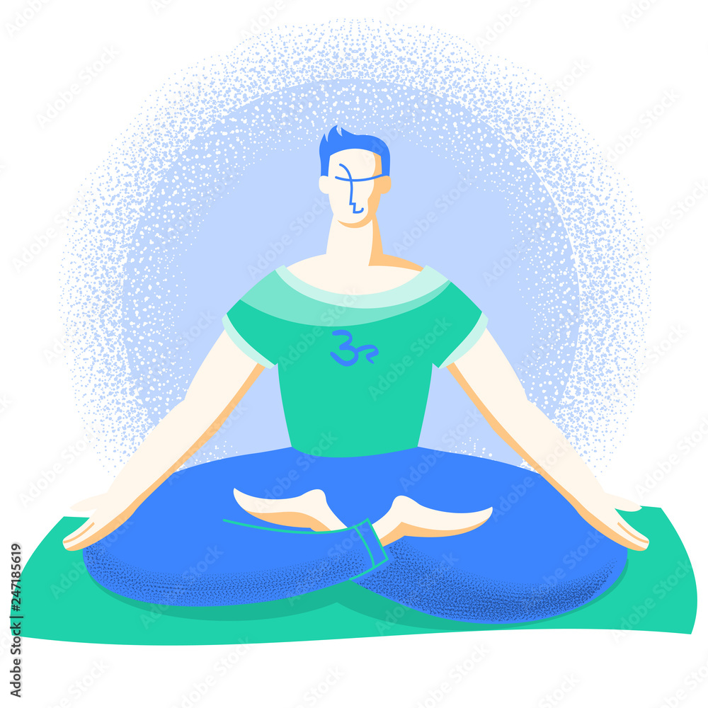 Yoga time. Young man in lotus position practicing yoga on a yoga mat