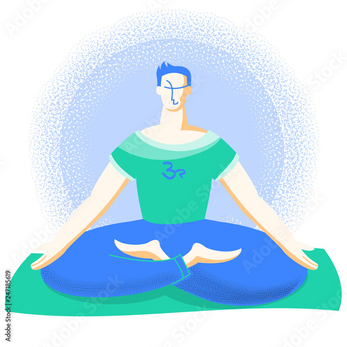 Yoga time. Young man in lotus position practicing yoga on a yoga mat