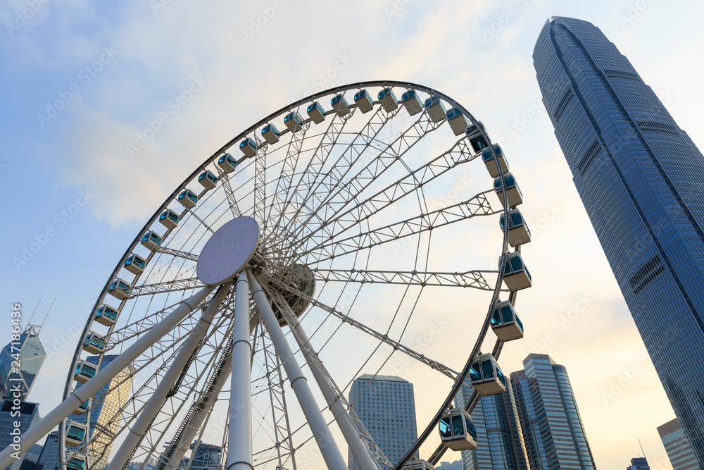 HONG KONG, CHINA -   SEP 12, 2015 : The Hong Kong Observation Wheel,The area around the wheel includes a plaza for events as well as drinks and snacks and free Wi-Fi.