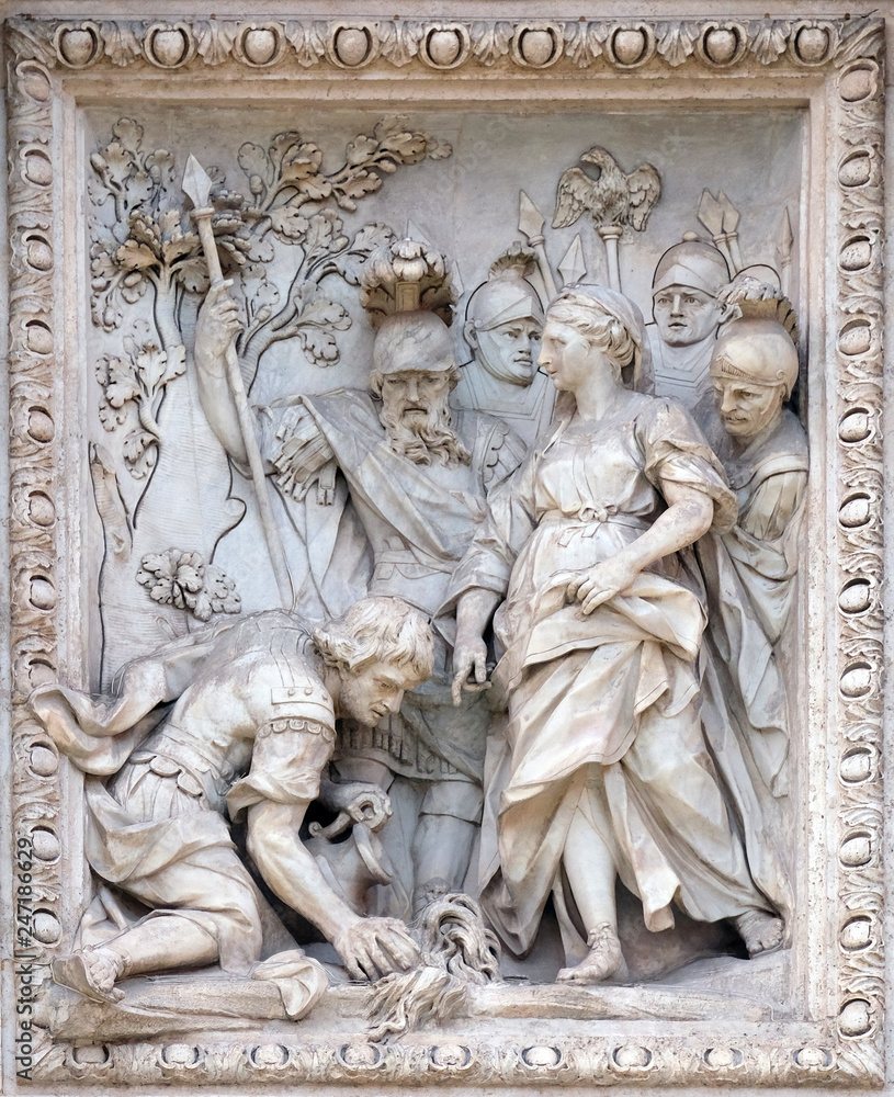 The maiden (virgo) showing Agrippa the spring at the Trevi Fountain in Rome. Fontana di Trevi is one of the most famous landmark in Rome, Italy 