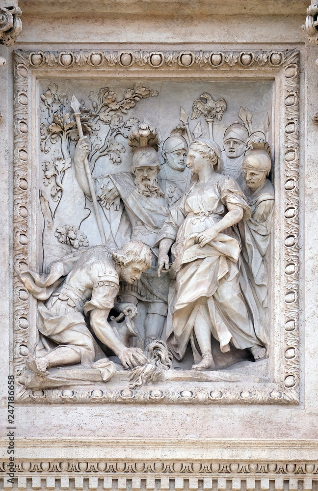 The maiden (virgo) showing Agrippa the spring at the Trevi Fountain in Rome. Fontana di Trevi is one of the most famous landmark in Rome, Italy 