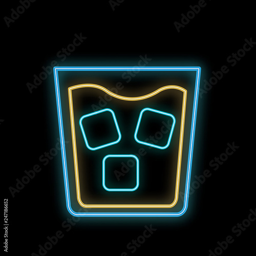 A simple abstract neon bright glowing glowing blue icon, a signboard for a bar of whiskey with ice in a glass and copy space on a black background. Vector
