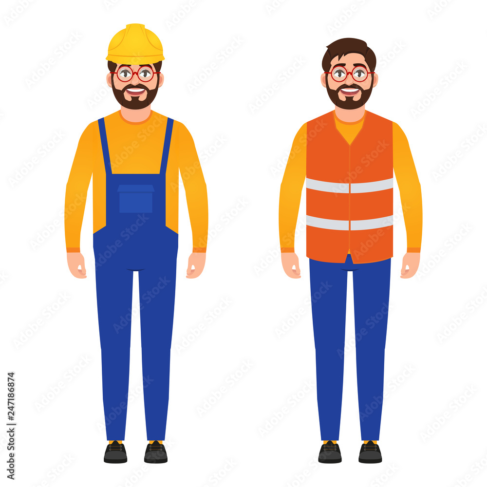 Happy builder, bearded man dressed in construction uniform, building vest and helmet, character in cartoon style Happy builder, bearded man dressed in construction uniform, building vest and helmet, character in cartoon style