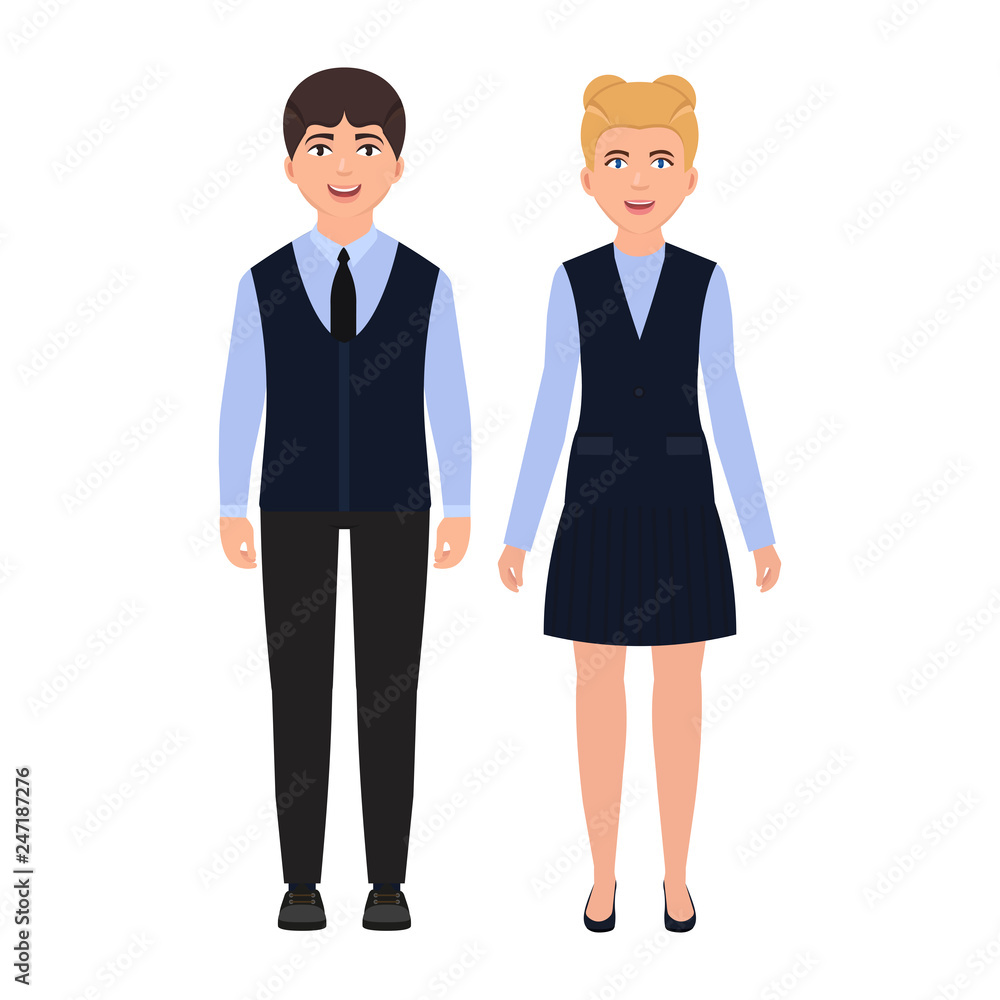 Children dressed in school uniform, happy boy and girl, schoolchildren character in flat style Children dressed in school uniform, happy boy and girl, schoolchildren character in flat style
