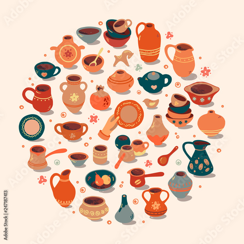 Art shop circle template. Pottery workshop, ceramics classes banner illustration. Hand building, sculpturing equipment. Vector line icon of clay studio tools.