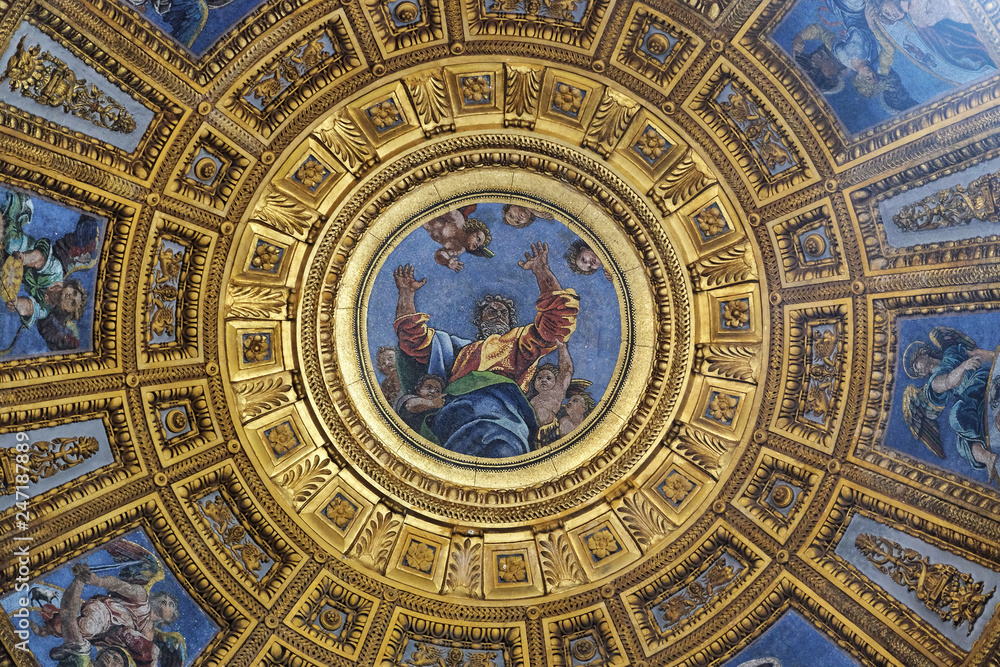 Mosaic of God the Father in the top of cupola in Chigi chapel by Luigi de Pace in Church of Santa Maria del Popolo, Rome, Italy Mosaic of God the Father in the top of cupola in Chigi chapel by Luigi de Pace in Church of Santa Maria del Popolo, Rome, Italy