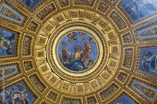 Mosaic of God the Father in the top of cupola in Chigi chapel by Luigi de Pace in Church of Santa Maria del Popolo, Rome, Italy