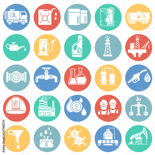 Oil industry icon set on color circles white background for graphic and web design, Modern simple vector sign. Internet concept. Trendy symbol for website design web button or mobile app