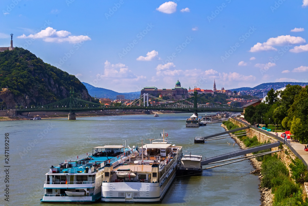 Two cruise ships moored on the banks of the Danube. Hungary Budapest