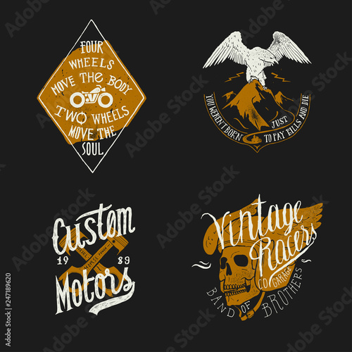 Biker print set: two wheels move the soul, you weren't born just to pay bills and die, custom motors, vintage racers skull in winged helmet