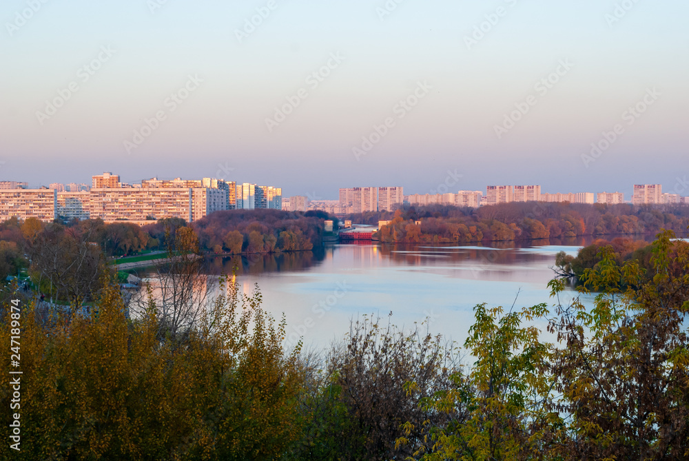 Flood gates on the Moskva river viewed from Kolomenskoe park in Moscow