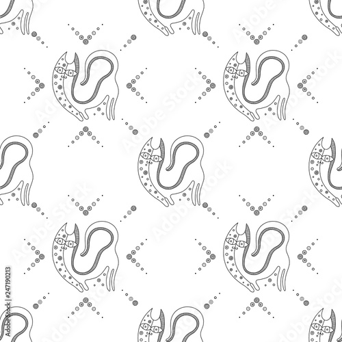 Vector hand drawn black and white seamless pattern  illustration of cat with decorative geometrical elements  lines  dots. Line drawing. Graphic artistic design.