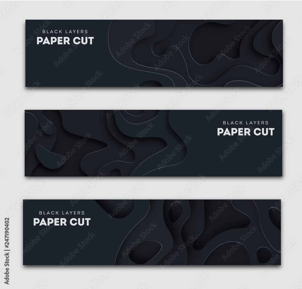 Horizontal black banners with 3D abstract background, white paper cut shapes. Vector design layout for business presentations, flyers, posters and invitations. Carving art