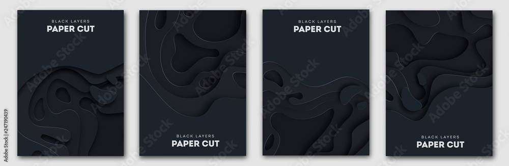 Plakat Paper Cut Wave Shapes. Layered black curve Origami design for business presentations, flyers, posters. Set of 4 vertical banners. 3D abstract map carving. Vector illustration