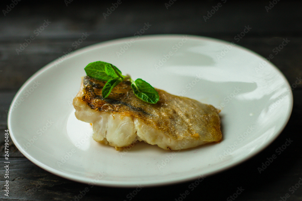 Fish and Fries (white fish with salmon, portion). food background. copy space Fish and Fries (white fish with salmon, portion). food background. copy space