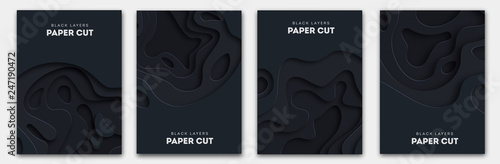 Paper Cut Wave Shapes. Layered black curve Origami design for business presentations, flyers, posters. Set of 4 vertical banners. 3D abstract map carving. Vector illustration